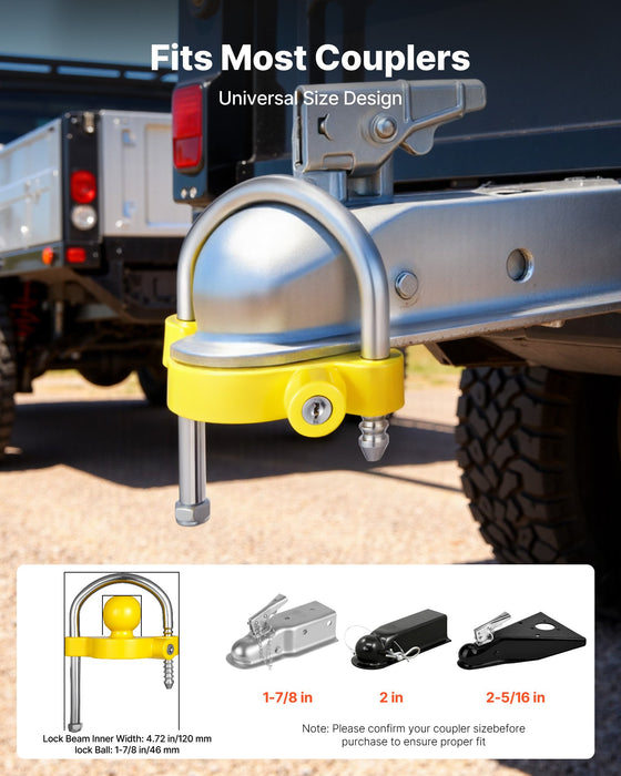 VEVOR Trailer Hitch Lock Kit, Fits for 46 mm, 50.8 mm, 58.7 mm Couplers, Heavy-Duty Anti-Theft Trailer Ball Lock with Keys, Prying-Resistant, Adjustable Height Design for RVs, Boats, Trailers