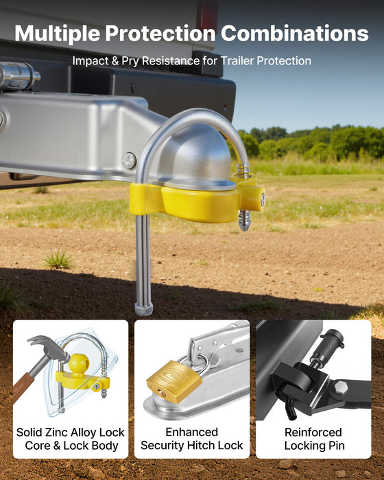 VEVOR Trailer Hitch Lock Kit, Fits for 46 mm, 50.8 mm, 58.7 mm Couplers, Heavy-Duty Anti-Theft Trailer Ball Lock with Keys, Prying-Resistant, Adjustable Height Design for RVs, Boats, Trailers