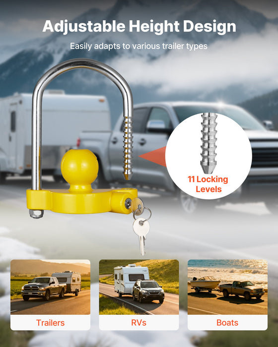 VEVOR Trailer Hitch Lock Kit, Fits for 46 mm, 50.8 mm, 58.7 mm Couplers, Heavy-Duty Anti-Theft Trailer Ball Lock with Keys, Prying-Resistant, Adjustable Height Design for RVs, Boats, Trailers