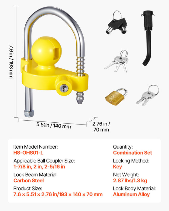 VEVOR Trailer Hitch Lock Kit, Fits for 46 mm, 50.8 mm, 58.7 mm Couplers, Heavy-Duty Anti-Theft Trailer Ball Lock with Keys, Prying-Resistant, Adjustable Height Design for RVs, Boats, Trailers