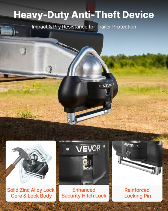 Trailer Hitch Lock, Fits for 46 mm, 50.8 mm, 58.7 mm Couplers, Heavy-Duty Anti-Theft Trailer Ball Lock with 3 Keys, Prying-Resistant, Adjustable Height Design for RVs, Boats, Trailers, Black