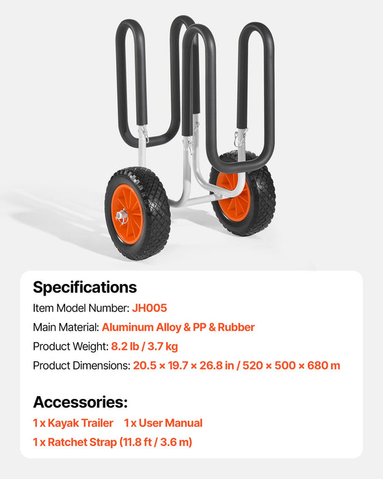 VEVOR Kayak Cart, 68.0 kg Load Capacity, Stand Up Paddle Board Trolley with 25.4 cm Solid Rubber Tires & Kickstands, Paddle Board Carrier with Ratchet Strap for Paddleboard & Surfboard Transport