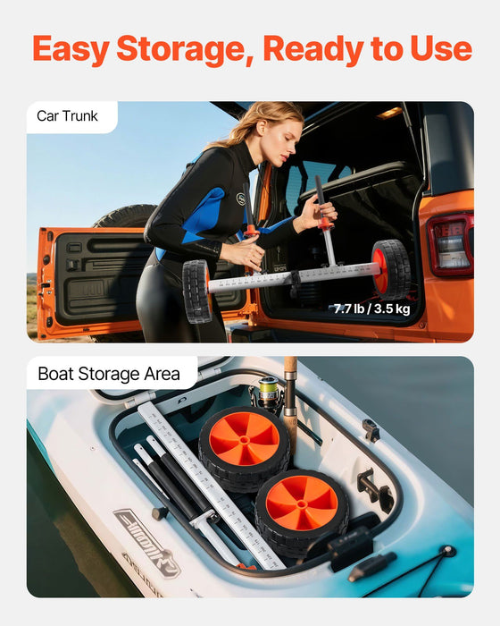 Kayak Cart, 104 kg Load Capacity, Canoe Cart Dolly with 25.4 cm Solid PU Tires & Kickstand, Assembles & Disassembles Within Seconds, Paddle Board Trolley for Kayaks, Canoes, Paddleboards