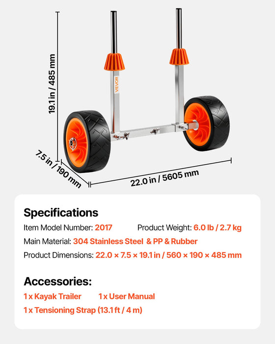 VEVOR Kayak Cart, 113.4 kg Load Capacity, Canoe Cart Dolly with 19.1 cm Solid Rubber Tires & Kickstand, Assembles & Disassembles Within Seconds, Paddle Board Trolley for Kayaks, Canoes, Paddleboards