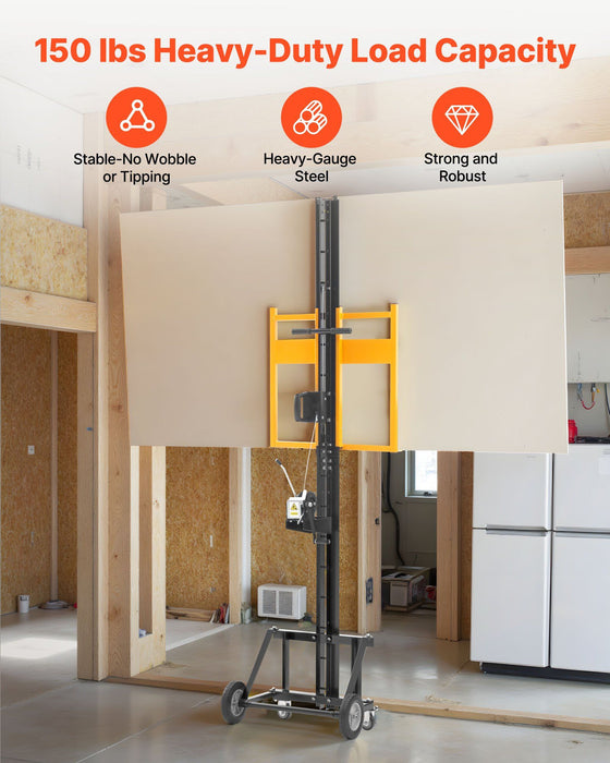 Drywall Lift, Heavy-Duty 68 kg Sheetrock Hoist for Wall Installation, One Person Drywall Installation, 1219x4878 mm Max. Panel Vertical Lifter with Wheels, Easy Transport (Yellow)