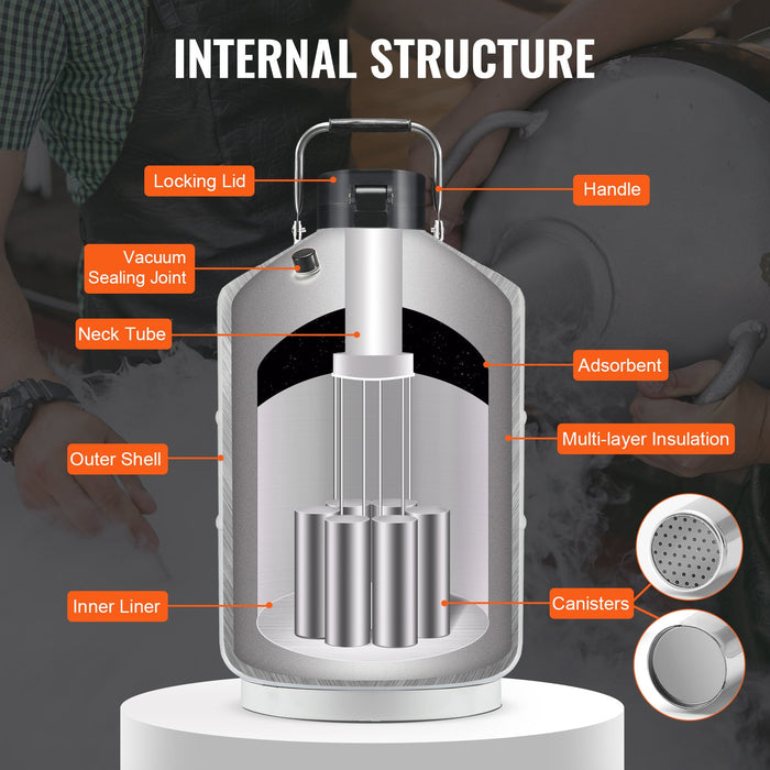 VEVOR Liquid Nitrogen Tank, 3 L Aluminum Alloy Liquid Nitrogen Container, LN2 Tank Dewar with 6 Canisters and Carry Bag with Straps, Cryogenic Tank for Beauty Industry, Semen Preservation, Scientific