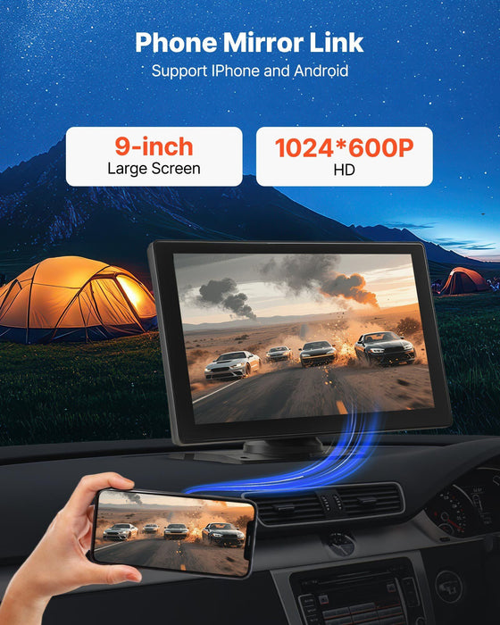 Wireless Car Stereo, 228.6mm HD Portable Radio Touch Screen with Apple CarPlay and Android Auto, CarPlay Screen with Front & Backup Cameras, Voice Control, Mirror Link, Bluetooth, GPS Navigation