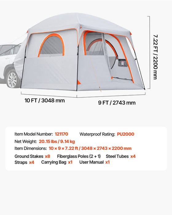 Large SUV Tent for 6 Person, 3.05 x 2.74m 3-Season SUV Tailgate Tent with Ventilated Doors & Mesh Windows, PU2000mm Waterproof Dual-Use Car Rear Hatch Tents for Outdoor Camping Hiking