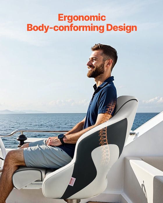 VEVOR Boat Seat, High Backrest, Flip Up Boat Seat Captain Bucket Seat with Thickened Sponge Cushion & Waterproof PVC Leather, Ergonomic Design, Folding Boat Seat for Boats, Yachts, Ships, White & Grey