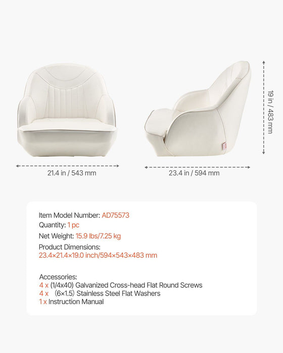 Boat Seat, Low Backrest, Boat Seat Captain Bucket Seat with Thickened Sponge Cushion & Waterproof PVC Leather, Ergonomic Design, Suitable for Fishing Boats, Yachts, Ships, White