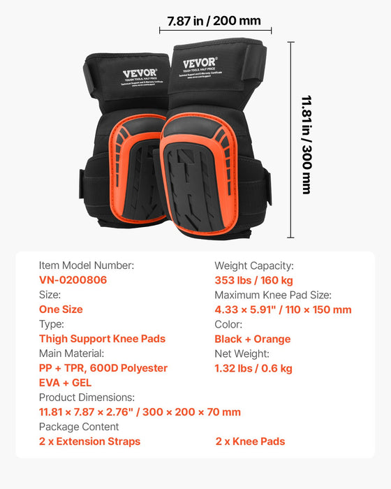 VEVOR Knee Pads for Work, Extended Heavy Duty Construction Knee Pads with 2 Extension Straps, Anti-slip Foam Gel Knee Pads, Men & Women, for Gardening Flooring Roofing and Cleaning, Black and Orange