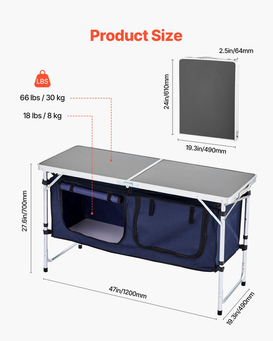 VEVOR Camping Kitchen Table, Folding Outdoor Cooking Table, 3 Adjustable Height, Aluminum Lightweight Portable Cook Station with Storage Organizer, Carry Handle, for BBQ Party Picnic RV Travel, Blue