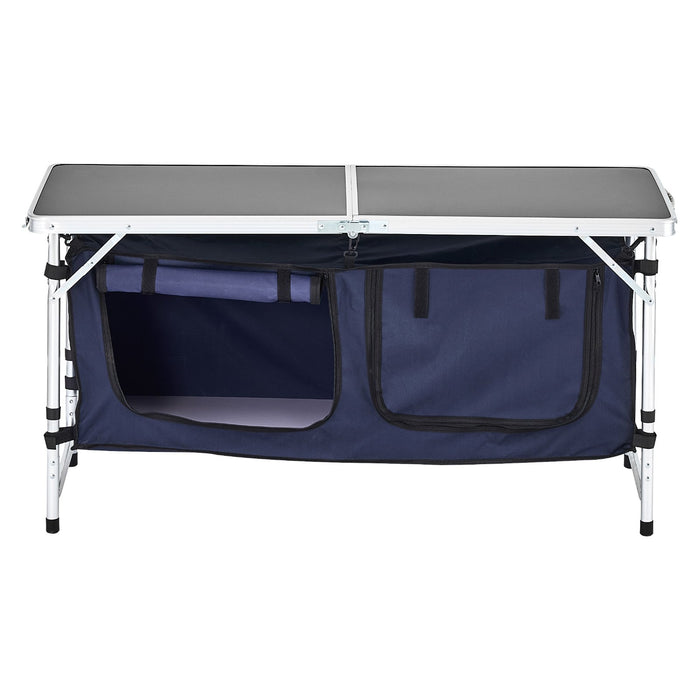 VEVOR Camping Kitchen Table, Folding Outdoor Cooking Table, 3 Adjustable Height, Aluminum Lightweight Portable Cook Station with Storage Organizer, Carry Handle, for BBQ Party Picnic RV Travel, Blue