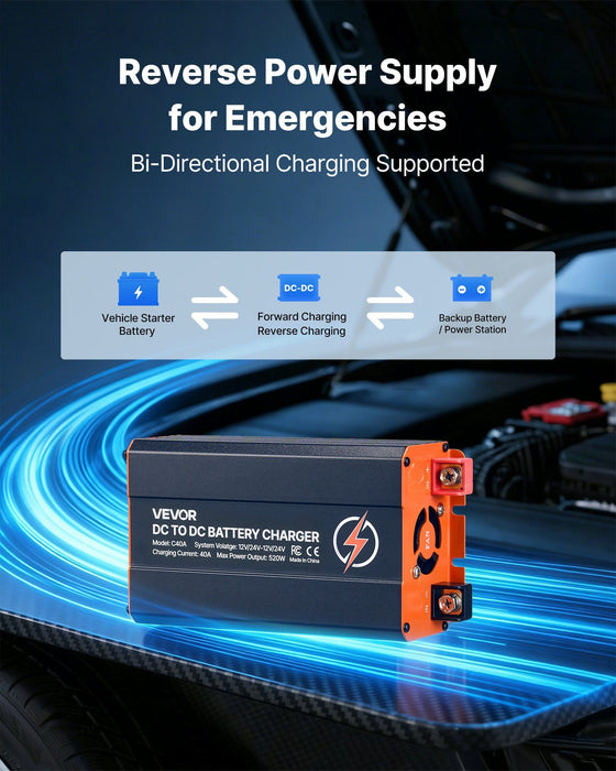 DC to DC Battery Charger, 520W, 40A Alternator Charger, Fast DC-DC Charging for Portable Power Stations, Compatible with LiFePO4 Lead-Acid AGM GEL Batteries, for RVs, Cars, Home Backup Power