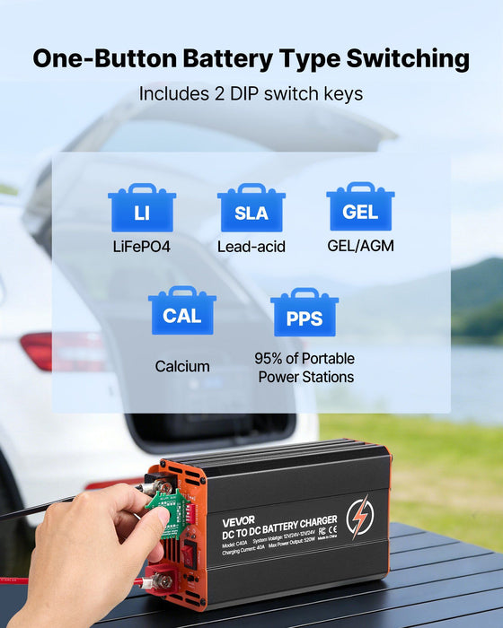 DC to DC Battery Charger, 520W, 40A Alternator Charger, Fast DC-DC Charging for Portable Power Stations, Compatible with LiFePO4 Lead-Acid AGM GEL Batteries, for RVs, Cars, Home Backup Power