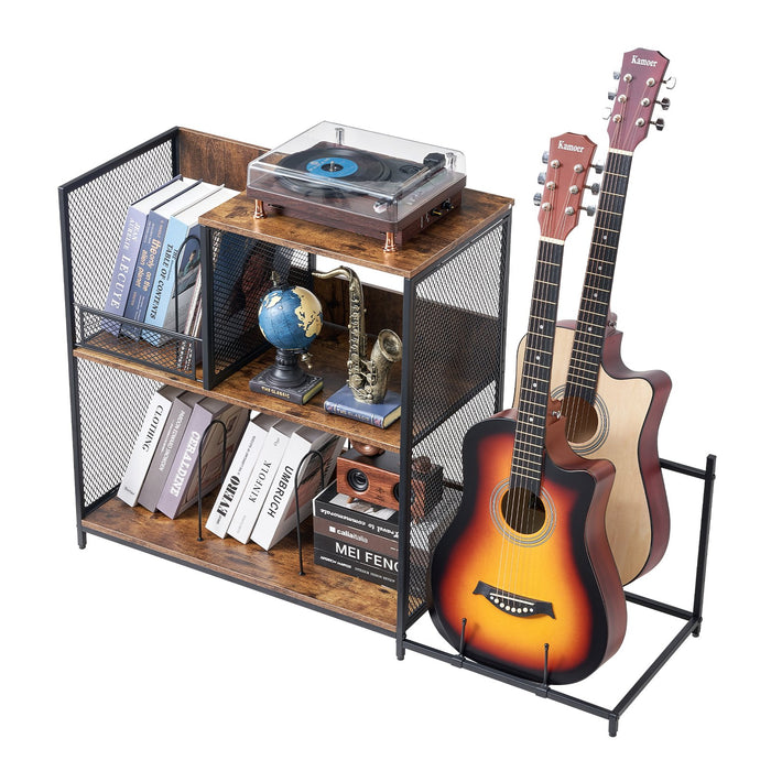 VEVOR 3-Tier Record Player Stand with Guitar Holder, Turntable Stand with Storage Holds Up to 300 Albums, Vinyl Record Cabinet with Metal Mesh Frame for Living Room, Bedroom, Black