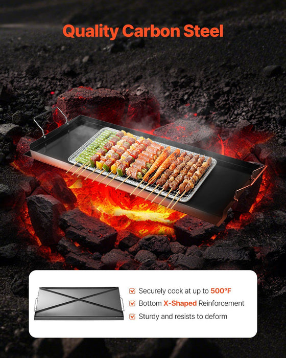 Carbon Steel Griddle, 32x14 inch Universal Flat Top Rectangular Plate, Gas Grill Griddle for BBQ Grill, Teppanyaki, Portable Family Cookware with Handle, for Camping Tailgating Party