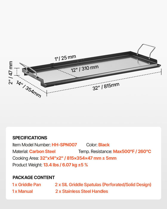 Carbon Steel Griddle, 32x14 inch Universal Flat Top Rectangular Plate, Gas Grill Griddle for BBQ Grill, Teppanyaki, Portable Family Cookware with Handle, for Camping Tailgating Party