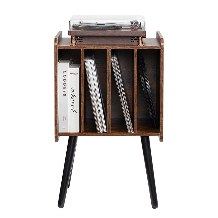 Record Player Stand, 2 Tiers Turntable Stand with 4 Cabinets, Holds up to 100 Albums, Wooden Vinyl Record Storage Cabinet with Display Shelf for Bedroom, Living Room, Brown