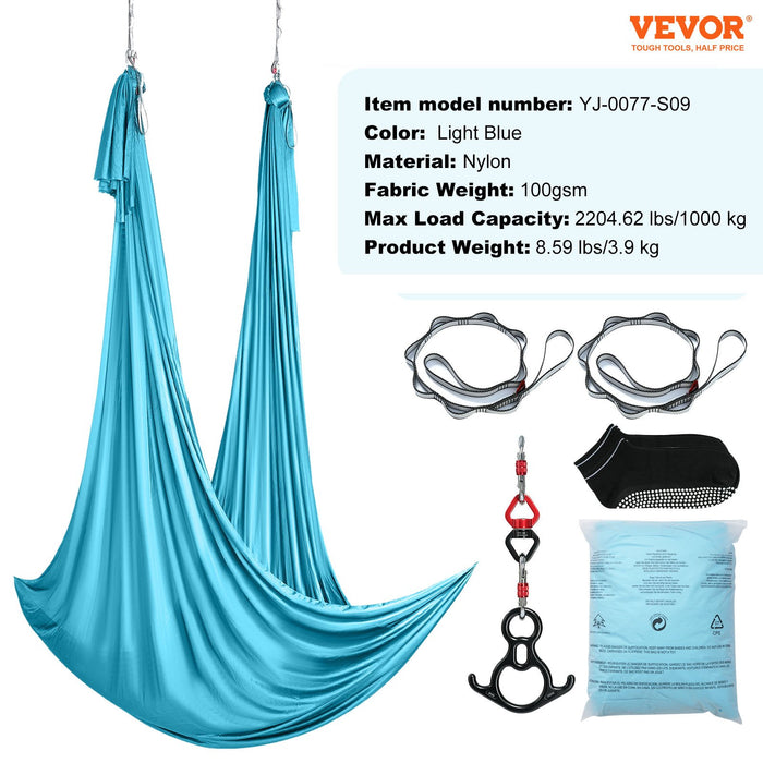 VEVOR Aerial Silk & Yoga Swing, 10 m Length, Aerial Yoga Hammock Kit with 100gsm Nylon Fabric, Full Rigging Hardware & Easy Set-up Guide, Antigravity Flying for All Levels Fitness Bodybuilding, Blue