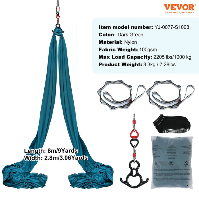 VEVOR Aerial Silk & Yoga Swing, 8 m Length, Aerial Yoga Hammock Kit with 100gsm Nylon Fabric, Full Rigging Hardware & Easy Set-up Guide, Antigravity Flying for All Levels Fitness Bodybuilding, Green