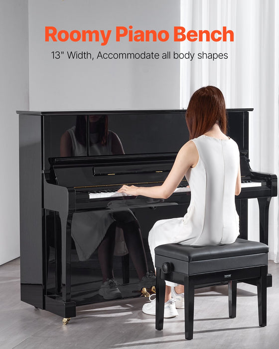 VEVOR Piano Bench, Keyboard Piano Chair with 19.3"-22.8" Adjustable Height, Padded Cushion, Storage Compartment for Music Books, Heavy Duty Wooden Piano Stool Seat, for Vanity, Living Room, Bedroom