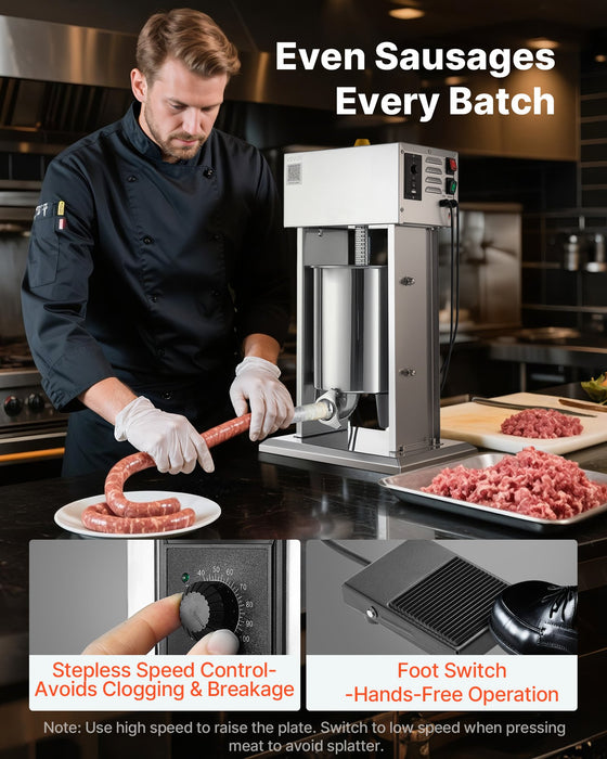 VEVOR Electric Sausage Stuffer, 22 LBS / 10 L Vertical Meat Stuffer, Stepless Speed Control and Foot Pedal, Stainless Steel Heavy Duty Sausage Filler with 4 Stuffing Tubes, for Commercial & Home Use