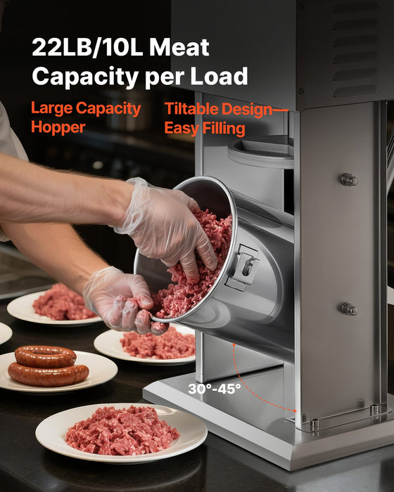 VEVOR Electric Sausage Stuffer, 22 LBS / 10 L Vertical Meat Stuffer, Stepless Speed Control and Foot Pedal, Stainless Steel Heavy Duty Sausage Filler with 4 Stuffing Tubes, for Commercial & Home Use