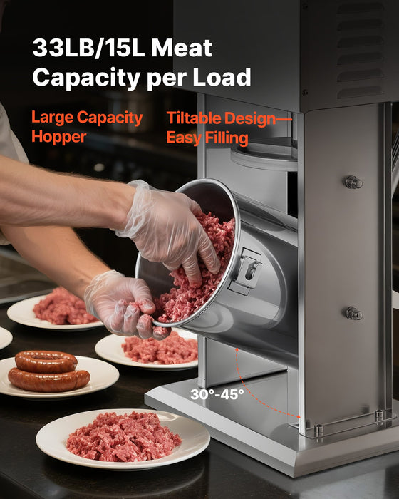 VEVOR Electric Sausage Stuffer, 33 LBS / 15 L Vertical Meat Stuffer, Stepless Speed Control and Foot Pedal, Stainless Steel Heavy Duty Sausage Filler with 4 Stuffing Tubes, for Commercial & Home Use