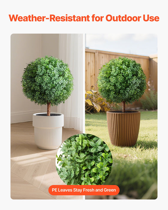 VEVOR Artificial Topiary Boxwood Trees with Ground Spike, 2 Set 686mm Faux Shrubs & Bushes Potted Plants, Fake Silk Tree Look Real for Decor Front Porch Outdoor Indoor Patio Garden Balcony Backyard