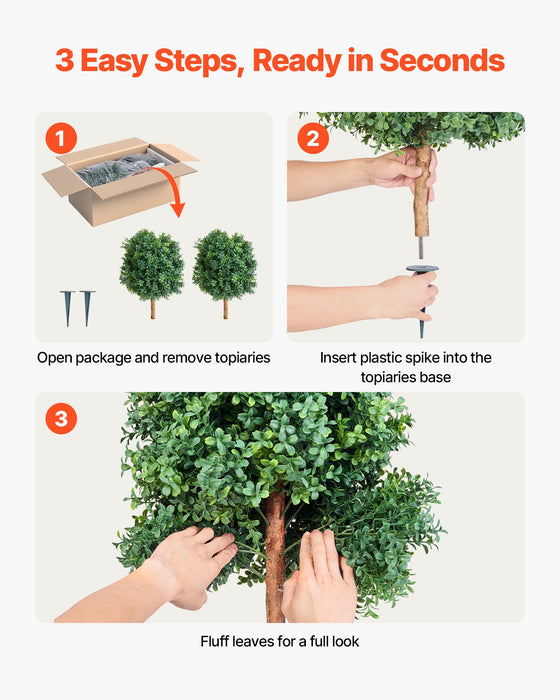 VEVOR Artificial Topiary Boxwood Trees with Ground Spike, 2 Set 686mm Faux Shrubs & Bushes Potted Plants, Fake Silk Tree Look Real for Decor Front Porch Outdoor Indoor Patio Garden Balcony Backyard