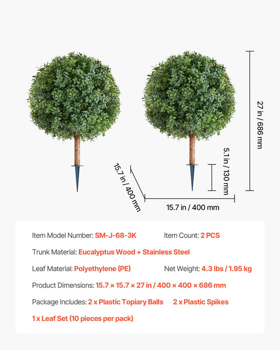 VEVOR Artificial Topiary Boxwood Trees with Ground Spike, 2 Set 686mm Faux Shrubs & Bushes Potted Plants, Fake Silk Tree Look Real for Decor Front Porch Outdoor Indoor Patio Garden Balcony Backyard