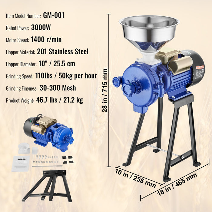 VEVOR 3000W Electric Grain Grinder Corn Wheat Flour Cereal Mill Dry Grinder