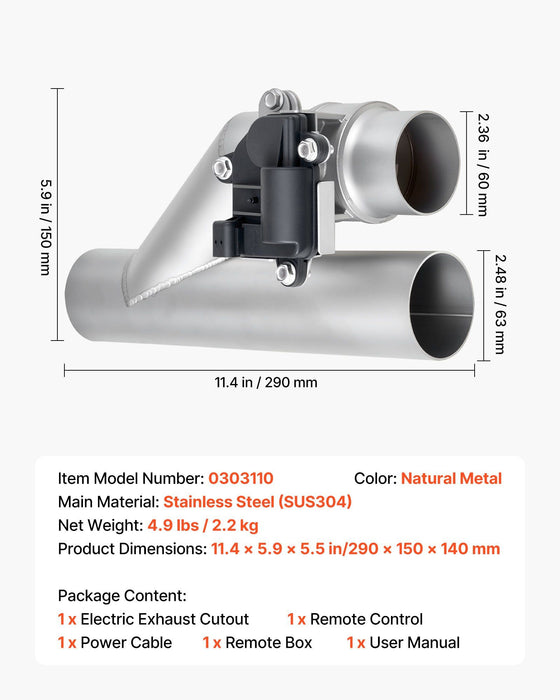 Electric Exhaust Cutout, 63.5 mm Universal Stainless Steel Exhaust Valve Kit with One Controller Remote Kit, Cut Out Valve, Y Pipe, Remote Control & Box, Fits Trucks, Sedans, Sports Cars, SUVs