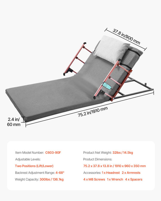 VEVOR Electric Lifting Backrest 136 kg 4-68° Adjustable with Folable Guardrail, 1910 x 960 mm