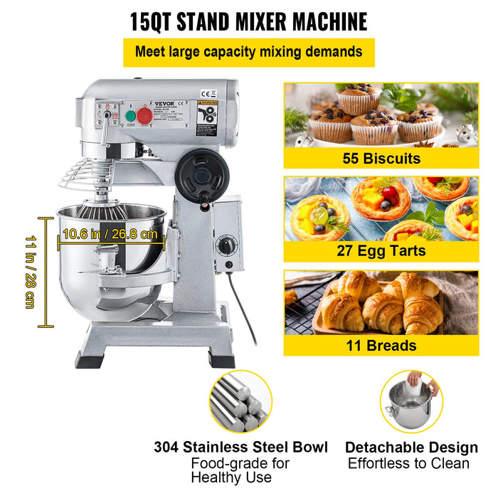 VEVOR Commercial Stand Mixer, 850W Heavy Duty Electric Food Mixer, 15Qt Stainless Steel Bowl with 3 Speeds Adjustable 113/184/341 RPM, Dough Hook Whisk Beater Included, Perfect for Bakery Pizzeria