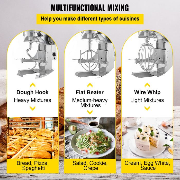 VEVOR Commercial Food Mixer 30Qt, Food Mixer Commercial with Timing Function, 1100W Stainless Steel Bowl Heavy Duty Electric Commercial Mixer with 3 Speeds Adjustable 108/199/382 RPM, Dough Hook Whisk