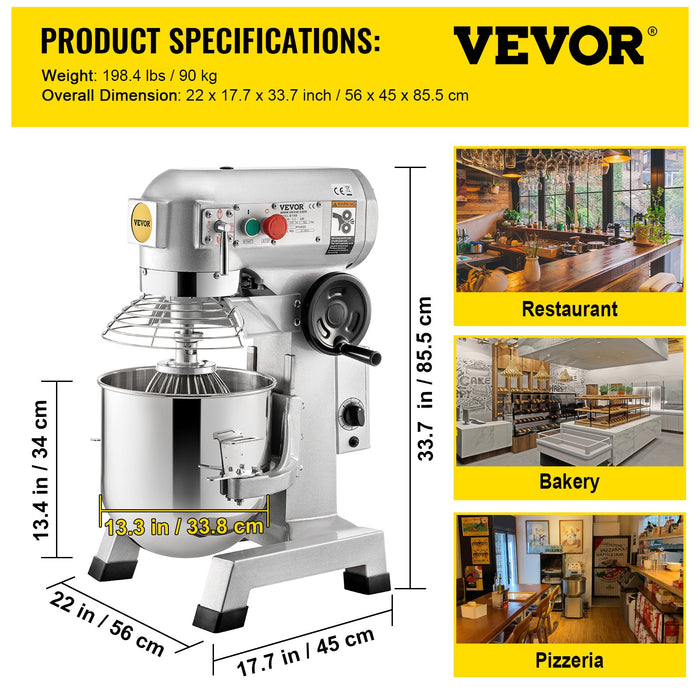 VEVOR Commercial Food Mixer 30Qt, Food Mixer Commercial with Timing Function, 1100W Stainless Steel Bowl Heavy Duty Electric Commercial Mixer with 3 Speeds Adjustable 108/199/382 RPM, Dough Hook Whisk