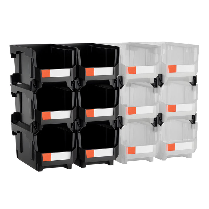 VEVOR Plastic Stackable Storage Bins, 37.7 x 21.5 x 18 cm (12 Pack), Plastic Containers for Organizing & Storage Bins for Garage, Small Parts, Office Supplies, Other Accessories, Black & Transparent