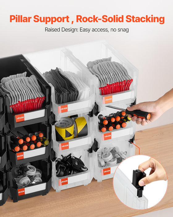VEVOR Plastic Stackable Storage Bins, 37.7 x 21.5 x 18 cm (12 Pack), Plastic Containers for Organizing & Storage Bins for Garage, Small Parts, Office Supplies, Other Accessories, Black & Transparent