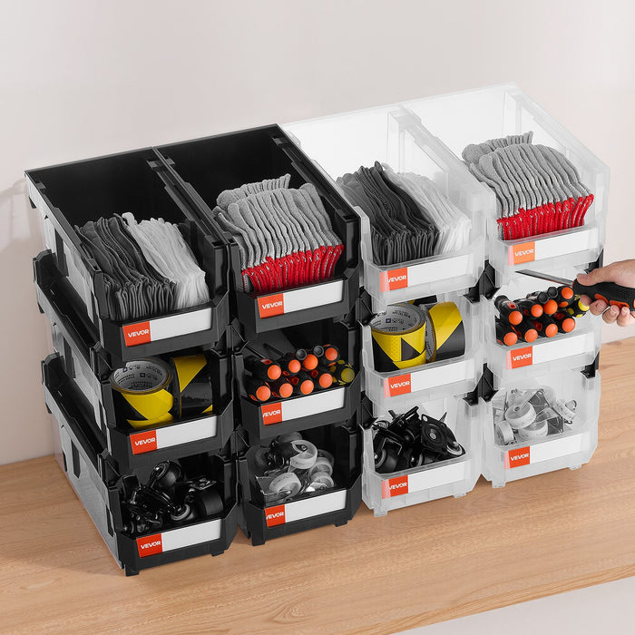 VEVOR Plastic Stackable Storage Bins, 37.7 x 21.5 x 18 cm (12 Pack), Plastic Containers for Organizing & Storage Bins for Garage, Small Parts, Office Supplies, Other Accessories, Black & Transparent