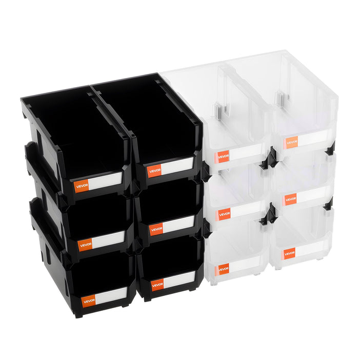 VEVOR Plastic Stackable Storage Bins, 37.7 x 21.5 x 18 cm (12 Pack), Plastic Containers for Organizing & Storage Bins for Garage, Small Parts, Office Supplies, Other Accessories, Black & Transparent