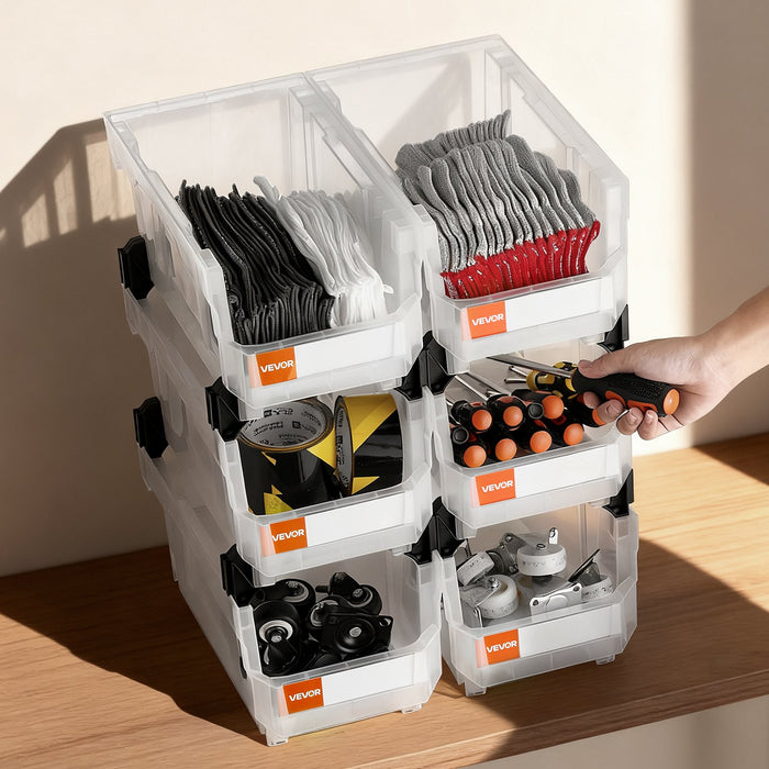 VEVOR Plastic Stackable Storage Bins, 37.7 x 21.5 x 18 cm (6 Pack), Plastic Containers for Organizing & Storage Bins for Closet, Garage, Small Parts, Office Supplies, Other Accessories, Transparent