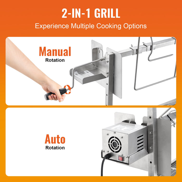 VEVOR Rotisserie Grill with Windscreen, BBQ Whole Pig Lamb Goat Charcoal Spit Grill, 35 Inch 90 Lbs Capacity, Electric 42W Motor Stainless Steel Roaster with Lockable Wheels, for Camping Outdoor