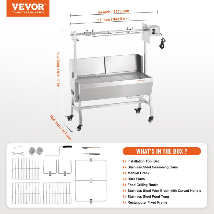 VEVOR Rotisserie Grill with Windscreen, BBQ Whole Pig Lamb Goat Charcoal Spit Grill, 35 Inch 90 Lbs Capacity, Electric 42W Motor Stainless Steel Roaster with Lockable Wheels, for Camping Outdoor