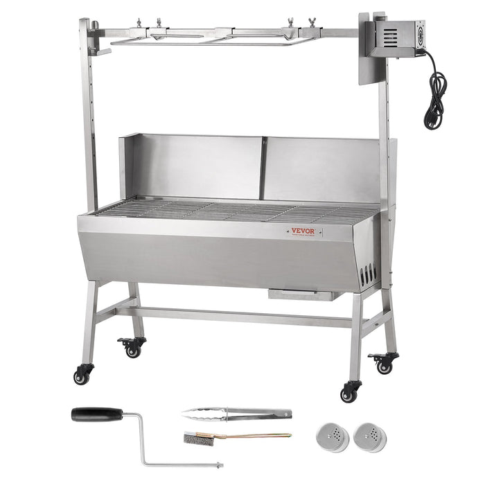 VEVOR Rotisserie Grill with Windscreen, BBQ Whole Pig Lamb Goat Charcoal Spit Grill, 35 Inch 90 Lbs Capacity, Electric 42W Motor Stainless Steel Roaster with Lockable Wheels, for Camping Outdoor