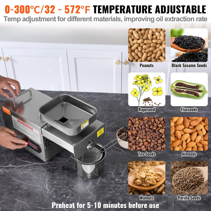 VEVOR Electric Oil Press Machine, 850W Stainless Steel Oil Extractor Machine, Adjustable Temperature, Hot Press Oil Expeller for Pressing Peanuts, Sesame Seeds, Rapeseed, Tea Seeds