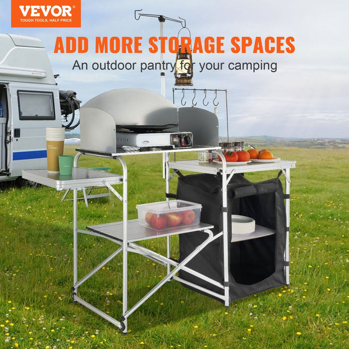 Camping Kitchen Table, Folding Outdoor Cooking Table with Storage Carrying Bag, Aluminum Cook Station 1 Cupboard & Detachable Windscreen, Quick Set-up for Picnics, BBQ, RV Traveling, Black