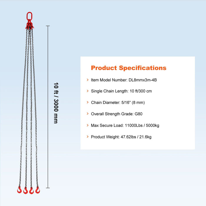 Chain Sling, 8 mm x 300 cm Lifting Chains with Hooks, G80 Engine Chain Hoist Lifts, 5 Ton Lifting Sling Chains for Engine Hoist, Engine Lift Chain with 4 Leg Grab Hooks & Adjusters Heavy Duty