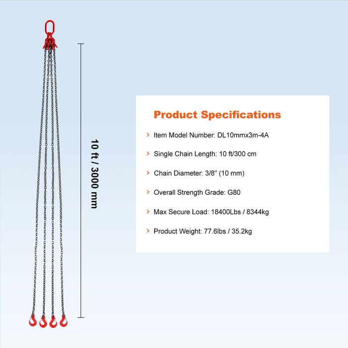Chain Sling, 10 mm x 300 cm Lifting Chains with Hooks, G80 Engine Chain Hoist Lifts, 8 Ton/8344 kg Lifting Sling Chains for Engine Hoist, Engine Lift Chain with 4 Leg Grab Hooks & Adjusters